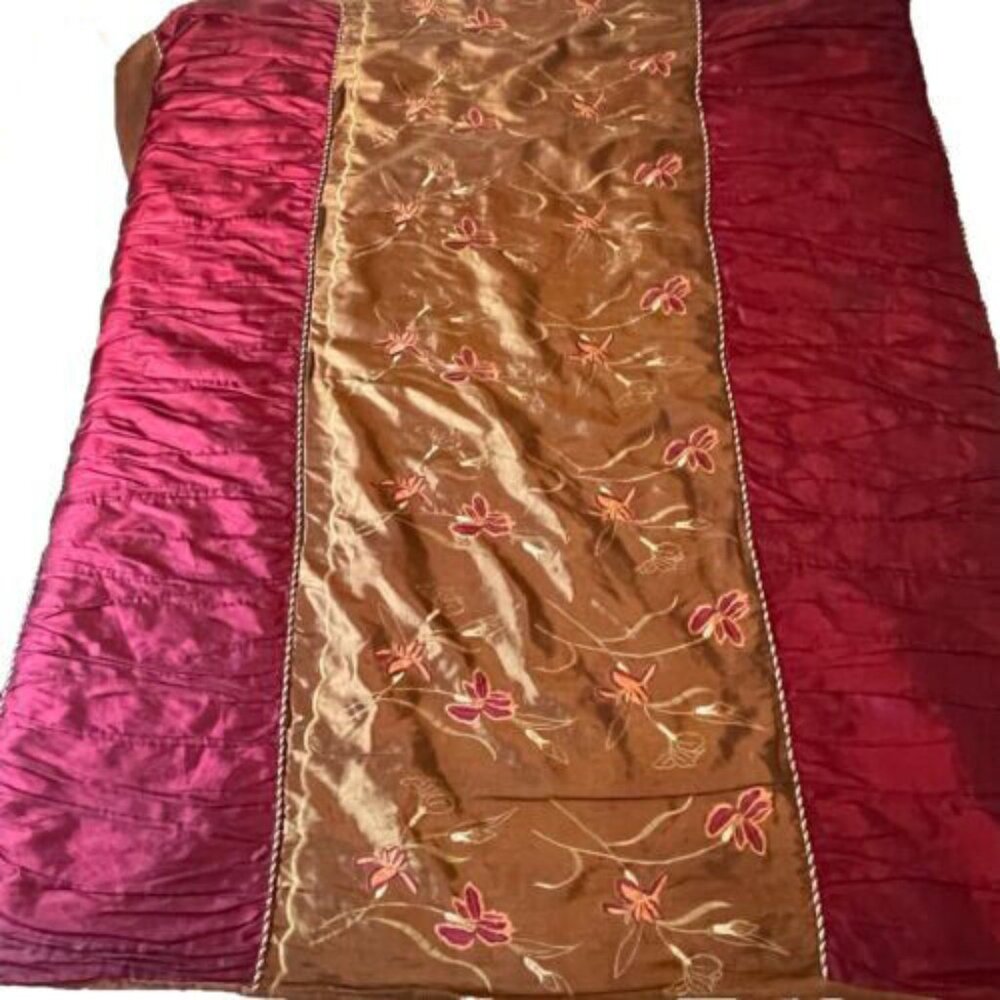 Rare Vintage Queen Wine Burgundy Gold Braid Lily Brown Silk Microsuede Coverlet